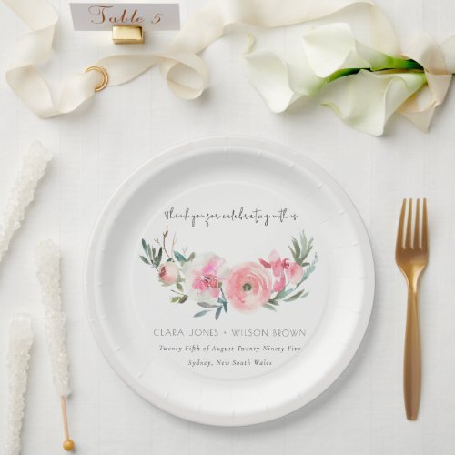 Elegant Pink Rose Orchid Watercolor Floral Wedding Paper Plates