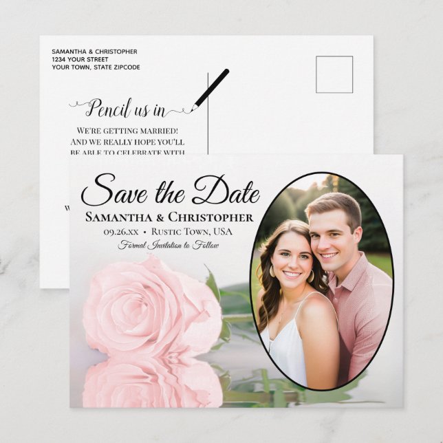 Elegant Pink Rose Oval Photo Wedding Save The Date Announcement Postcard (Front/Back)