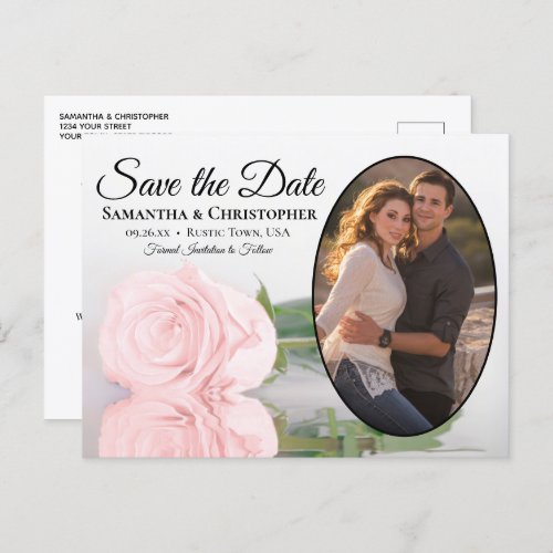 Elegant Pink Rose Oval Photo Wedding Save The Date Announcement Postcard