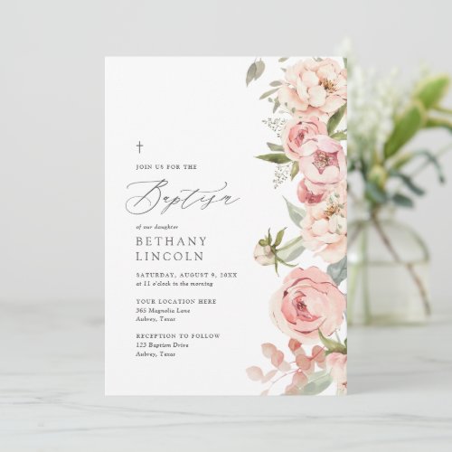 Elegant Pink Rose Peony Floral Girl Baptism Invitation