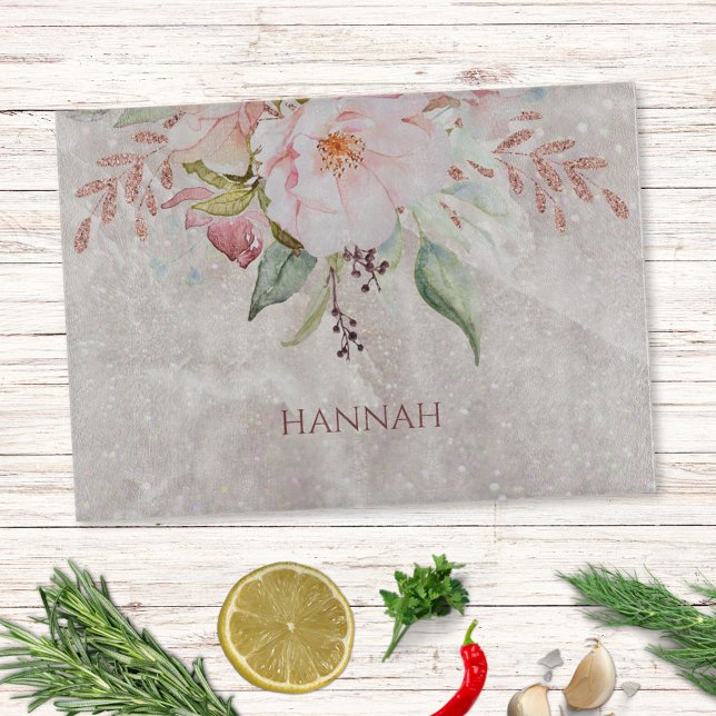Elegant Pink Rose Peony Floral Marble Cutting Board (In situ)