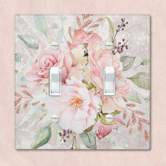  Elegant Pink Rose Peony Floral Marble Glitter Light Switch Cover (In situ)