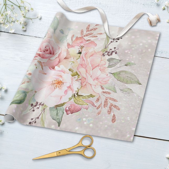  Elegant Pink Rose Peony Floral Marble Glitter Wrapping Paper (In situ)