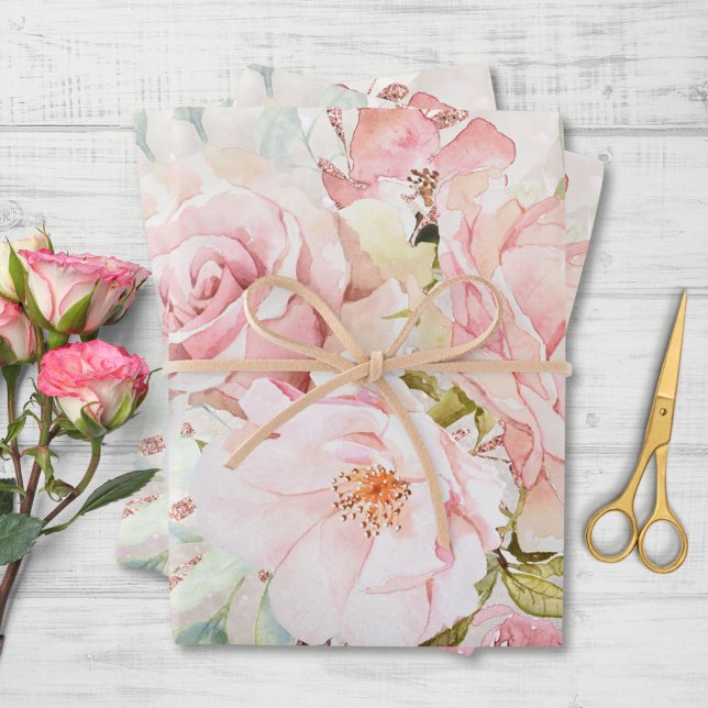  Elegant Pink Rose Peony Floral Marble Glitter Wrapping Paper Sheets (In situ)