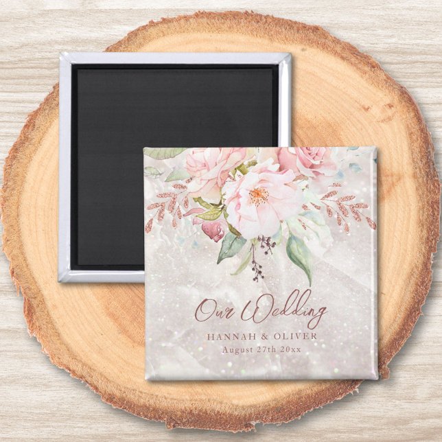 Elegant Pink Rose Peony Floral Marble Wedding Magnet (In situ)