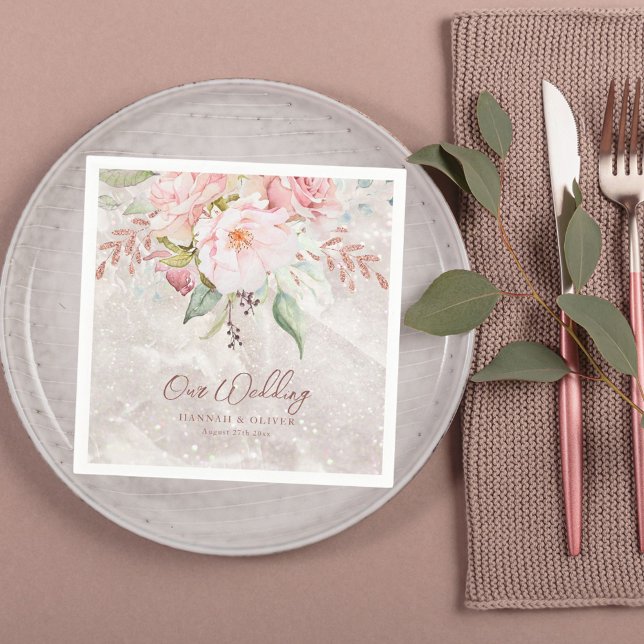 Elegant Pink Rose Peony Floral Marble Wedding  Napkins (In situ)