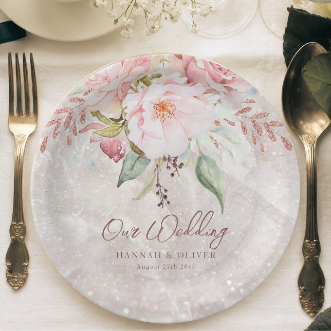 Elegant Pink Rose Peony Floral Marble Wedding  Paper Plates (In situ)