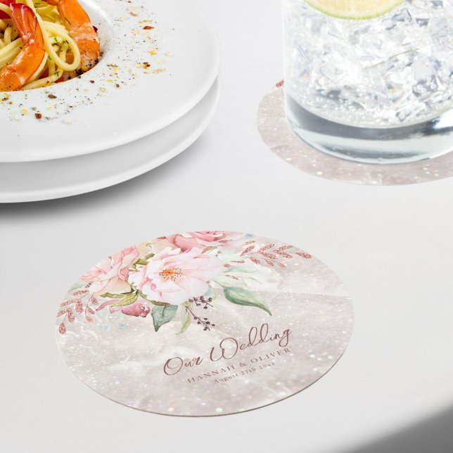 Elegant Pink Rose Peony Floral Marble Wedding  Round Paper Coaster (In situ)