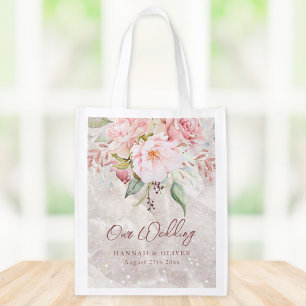 Elegant Pink Rose Peony Floral Wedding Gift Grocery Bag