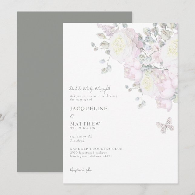 Elegant Pink Rose & Peony Sage Wedding Invitation (Front/Back)