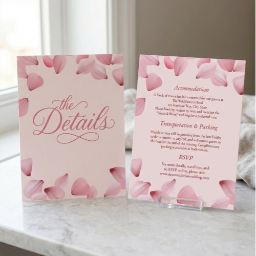 Elegant Pink Rose Petals Wedding Details Card