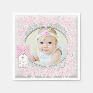 Elegant Pink Rose Photo Christening Napkins