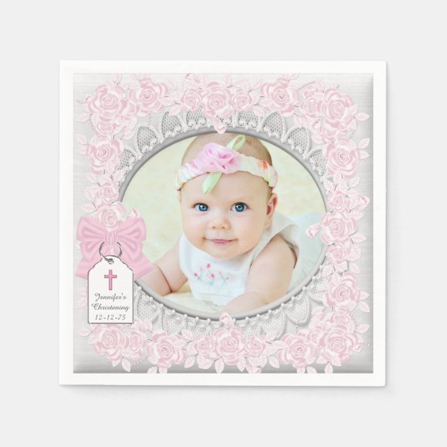 Elegant Pink Rose Photo Christening Napkins (Front)