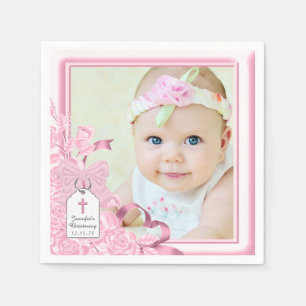 Elegant Pink Rose Photo Christening Paper Napkins