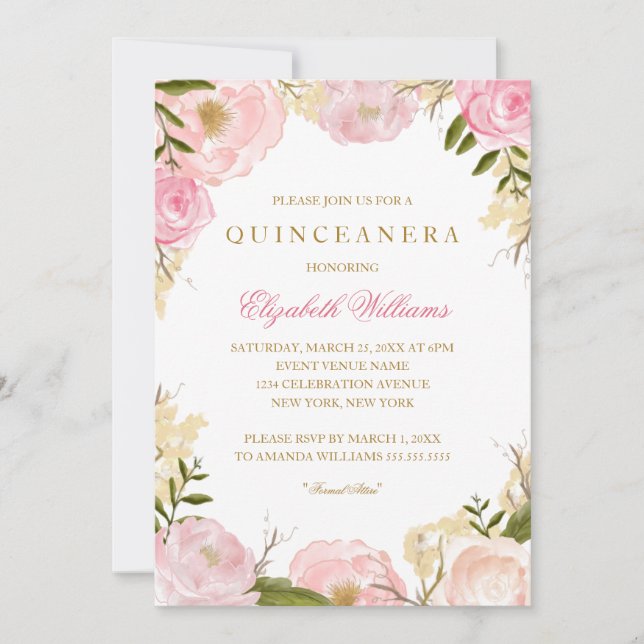 Elegant Pink Rose Quinceanera Invitation (Front)