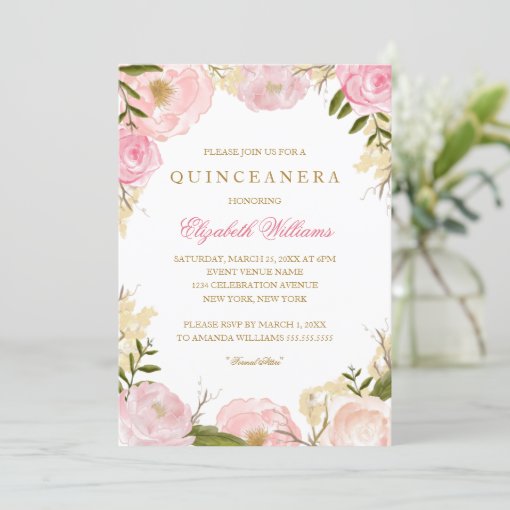 Elegant Pink Rose Quinceanera Invitation | Zazzle