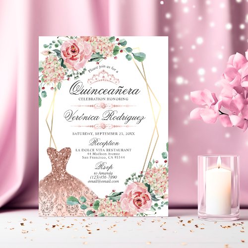 Elegant Pink Rose Quinceaera Quince Crown Tiara Invitation