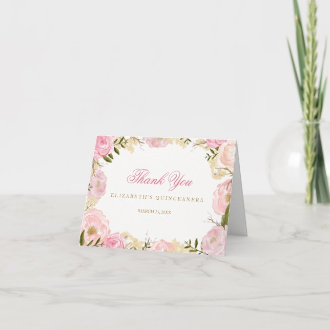 Elegant Pink Rose Quinceanera Thank You Card (Front)
