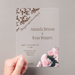 Elegant Pink Rose Roccoco Pattern Wedding Acrylic Invitations