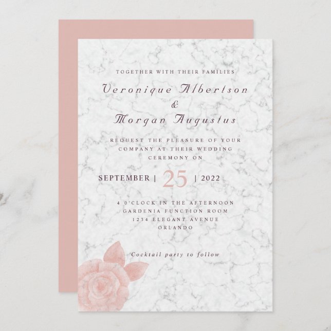 Elegant pink rose script marble wedding invitation (Front/Back)