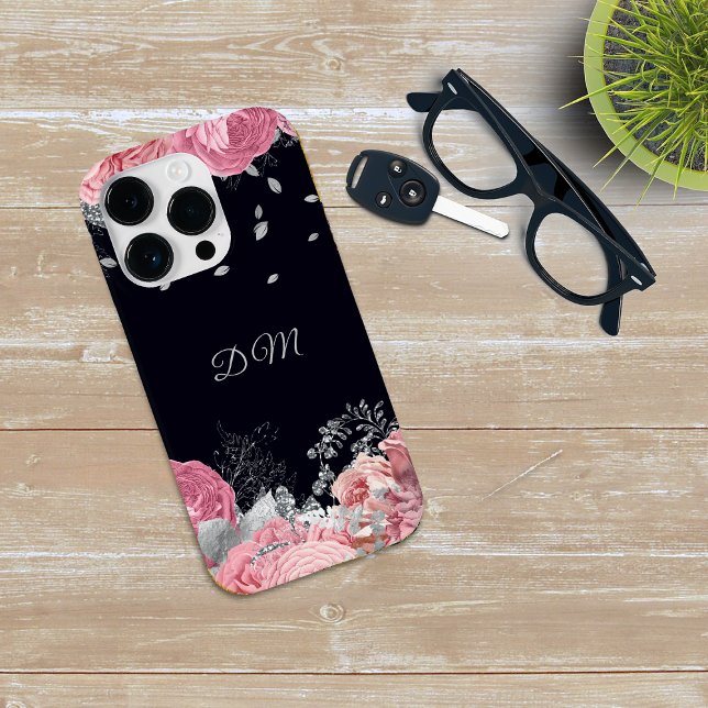 Elegant Pink Rose Silver Leaf Monogram Case-Mate iPhone Case (Creator Uploaded)
