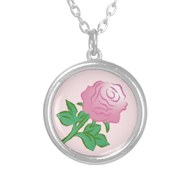 Elegant Pink Rose Silver Plated Necklace (Front)