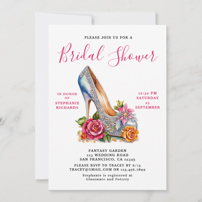 Elegant Pink Rose Silver Shoe Bridal Shower Invitation (Front)