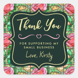 Elegant Pink Rose Stained Glass Small Business Square Sticker