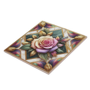 Elegant Pink Rose Surrounded by Colorful Leaves Ceramic Tile
