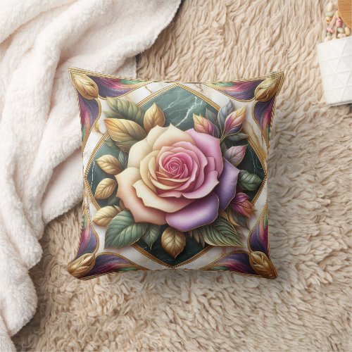 Elegant Pink Rose Surrounded by Colorful Leaves Throw Pillow