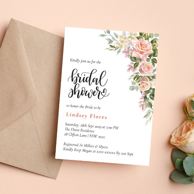 Elegant Pink Rose Watercolor Floral Bridal Shower Invitation (Creator Uploaded)