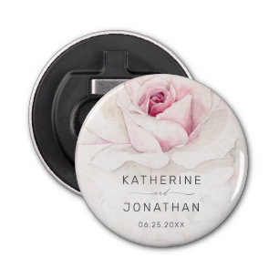 Elegant Pink Rose Watercolor Floral Script Wedding Bottle Opener