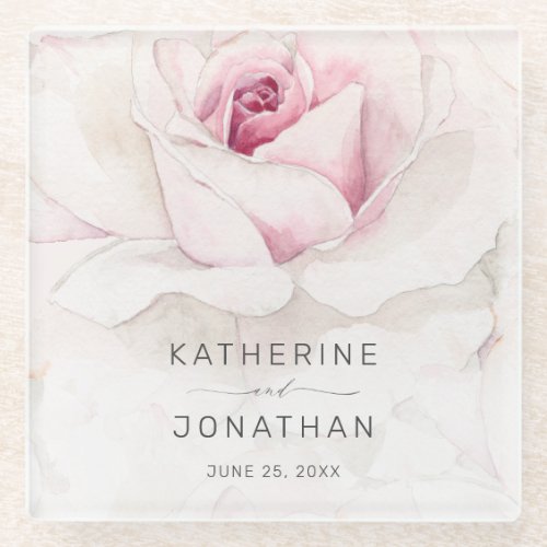 Elegant Pink Rose Watercolor Floral Script Wedding Glass Coaster