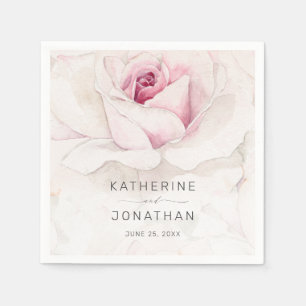 Elegant Pink Rose Watercolor Floral Script Wedding Napkins