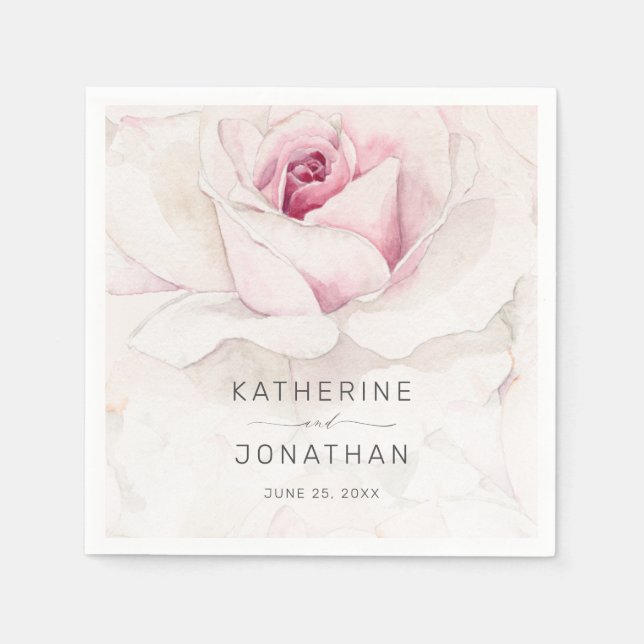 Elegant Pink Rose Watercolor Floral Script Wedding Napkins (Front)