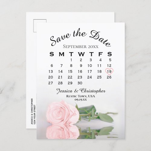Elegant Pink Rose Wedding Calendar Save the Date Announcement Postcard