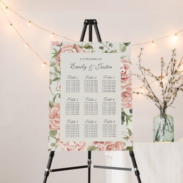 Elegant Pink Rose Wedding Guest Seating Chart Foam Board (In Situ (Stand))