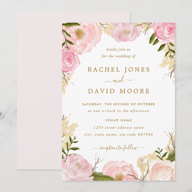 Elegant Pink Rose Wedding Invitation (Front/Back)