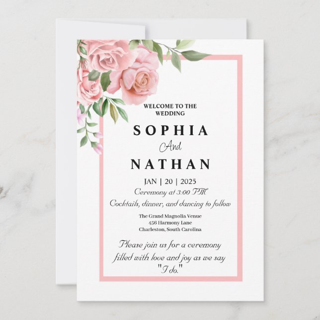 Elegant Pink Rose Wedding Invitation | Romantic (Front)