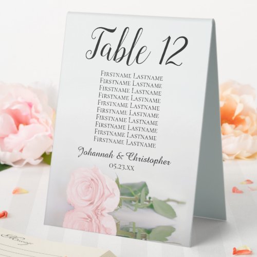 Elegant Pink Rose Wedding Number Seating Chart Table Tent Sign