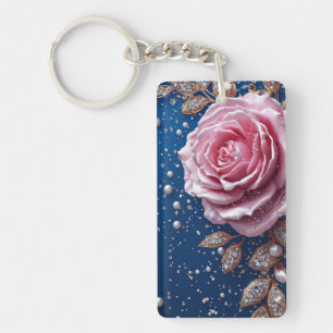 Elegant Pink Rose with Pearls and Crystals Keychain