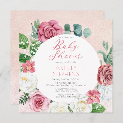 Elegant Pink Rose  Wreath Frame Girl Baby Shower Invitation