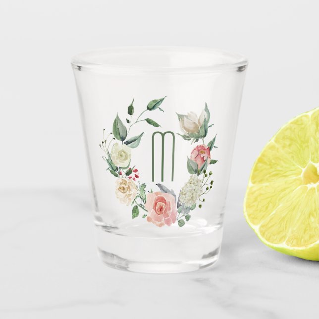 Elegant Pink Rose Wreath Monogram Shot Glass (Front)