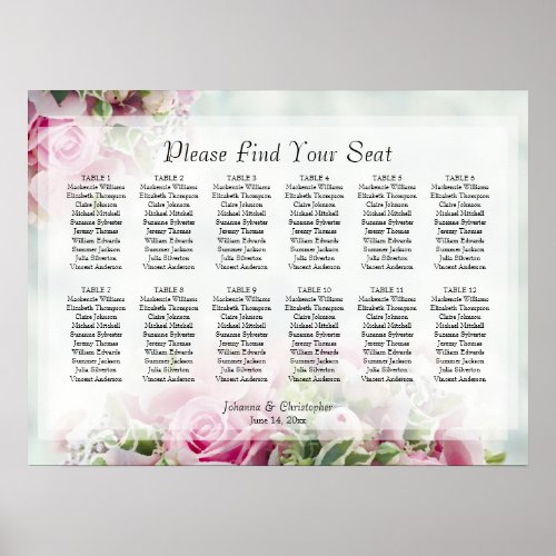 Elegant Pink Roses 12 Table Wedding Seating Chart