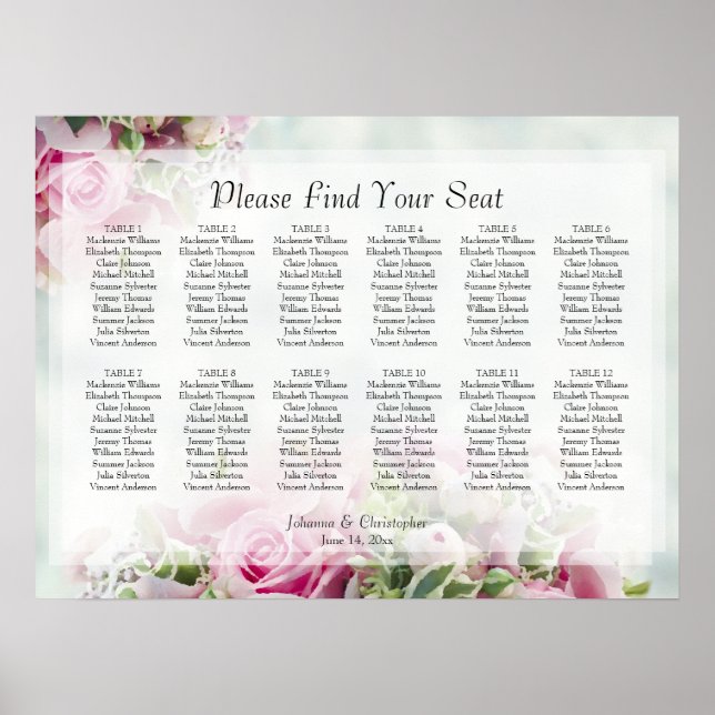 Elegant Pink Roses 12 Table Wedding Seating Chart (Front)