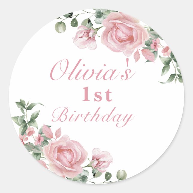Elegant Pink Roses 1st Birthday Party  Classic Round Sticker (Front)
