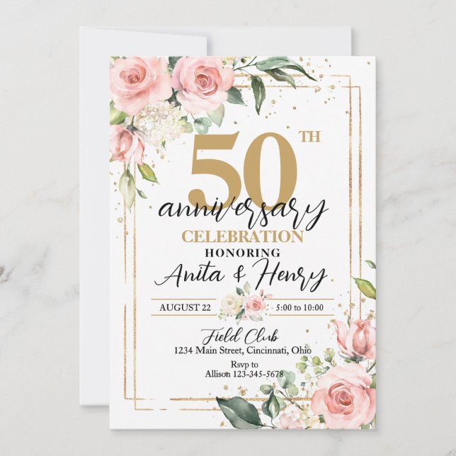 Elegant Pink Roses 50th Anniversary Party Invitation (Front)