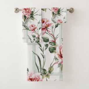 Elegant Pink Roses and Leaves on Trellis Bath Towel Set