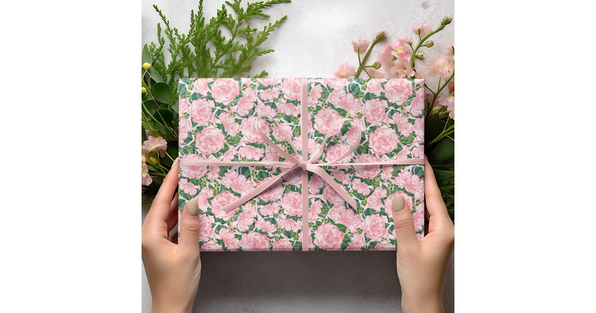 Elegant Pink Roses and Monstera Leaves Floral Wrapping Paper | Zazzle