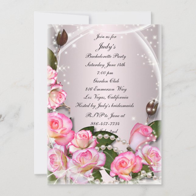 Elegant Pink Roses And Pearls Bachelorette Party Invitation (Front)